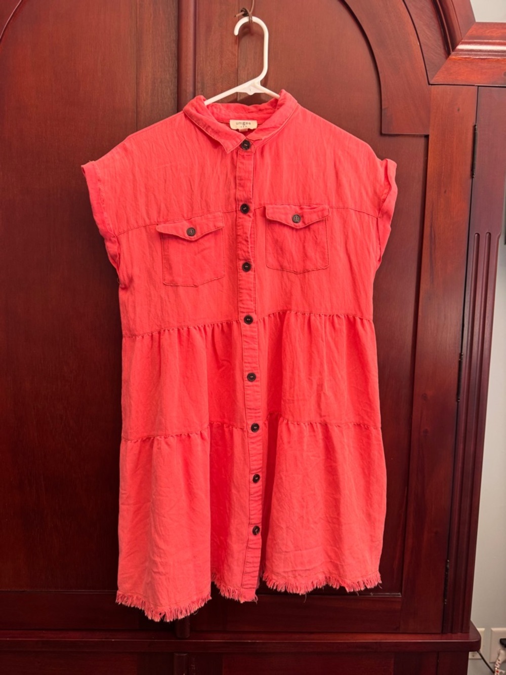 Umgee Coral Button-Front Tiered Dress mineral wash collared neck raw hem Small - Picture 2 of 7